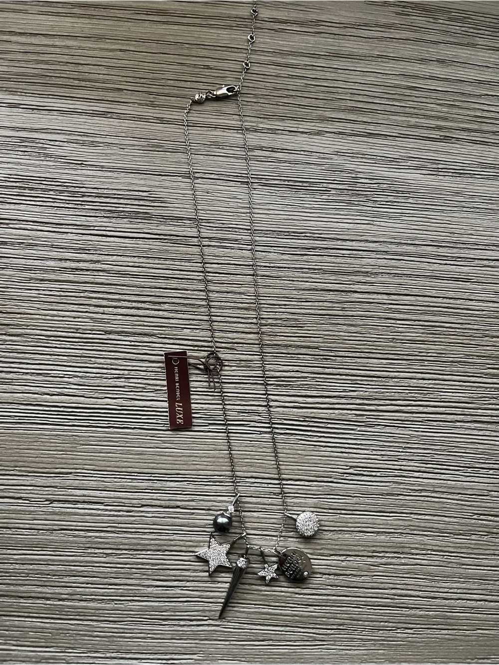 Henri Bendel Dark Silver Multi-Charm Necklace with Stars and Heart NWT